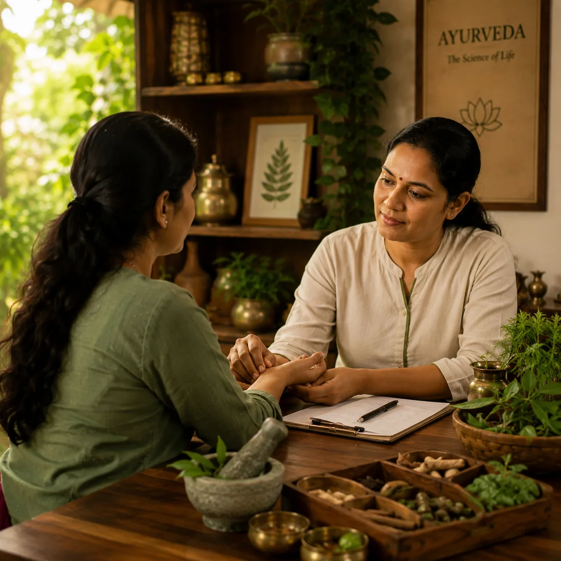 An Ayurvedic doctor treating a patient at the clinic