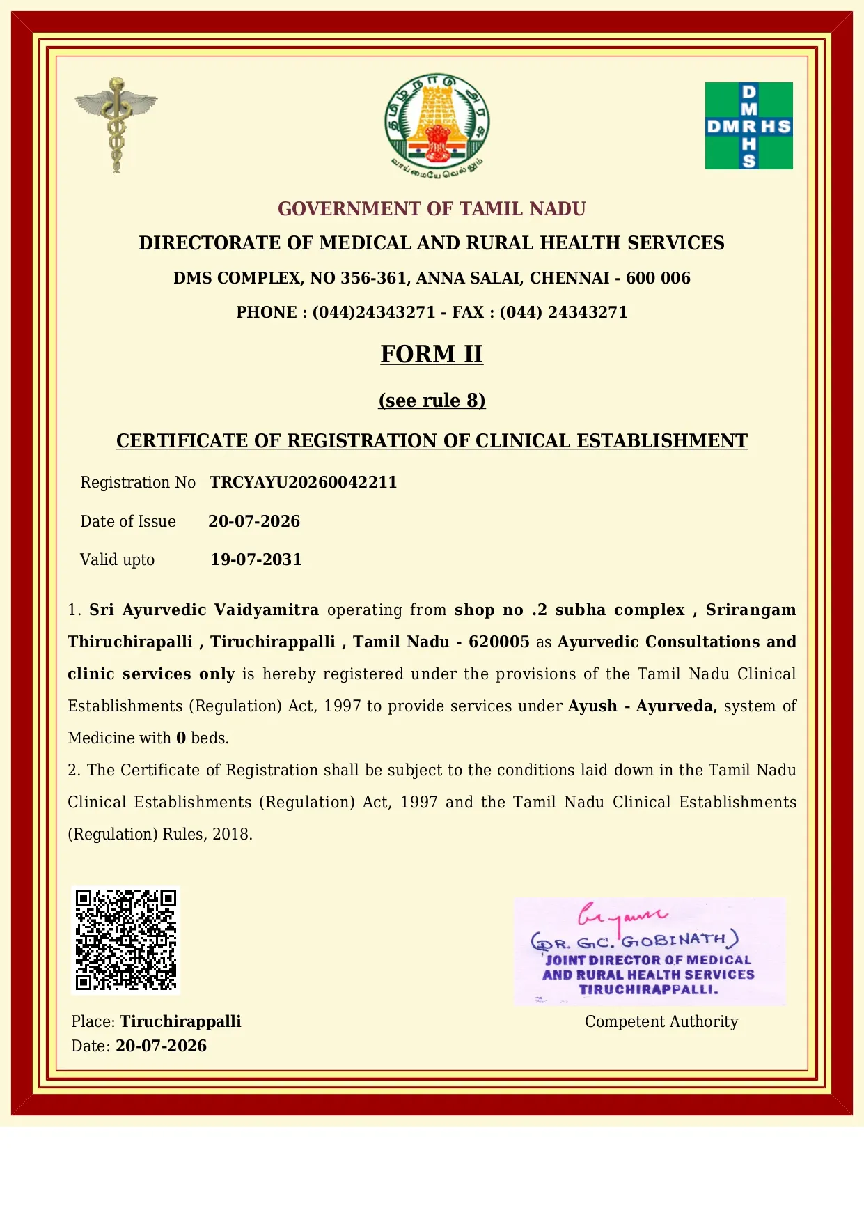 Form II certificate of registration of clinical establishment, Government of Tamil Nadu