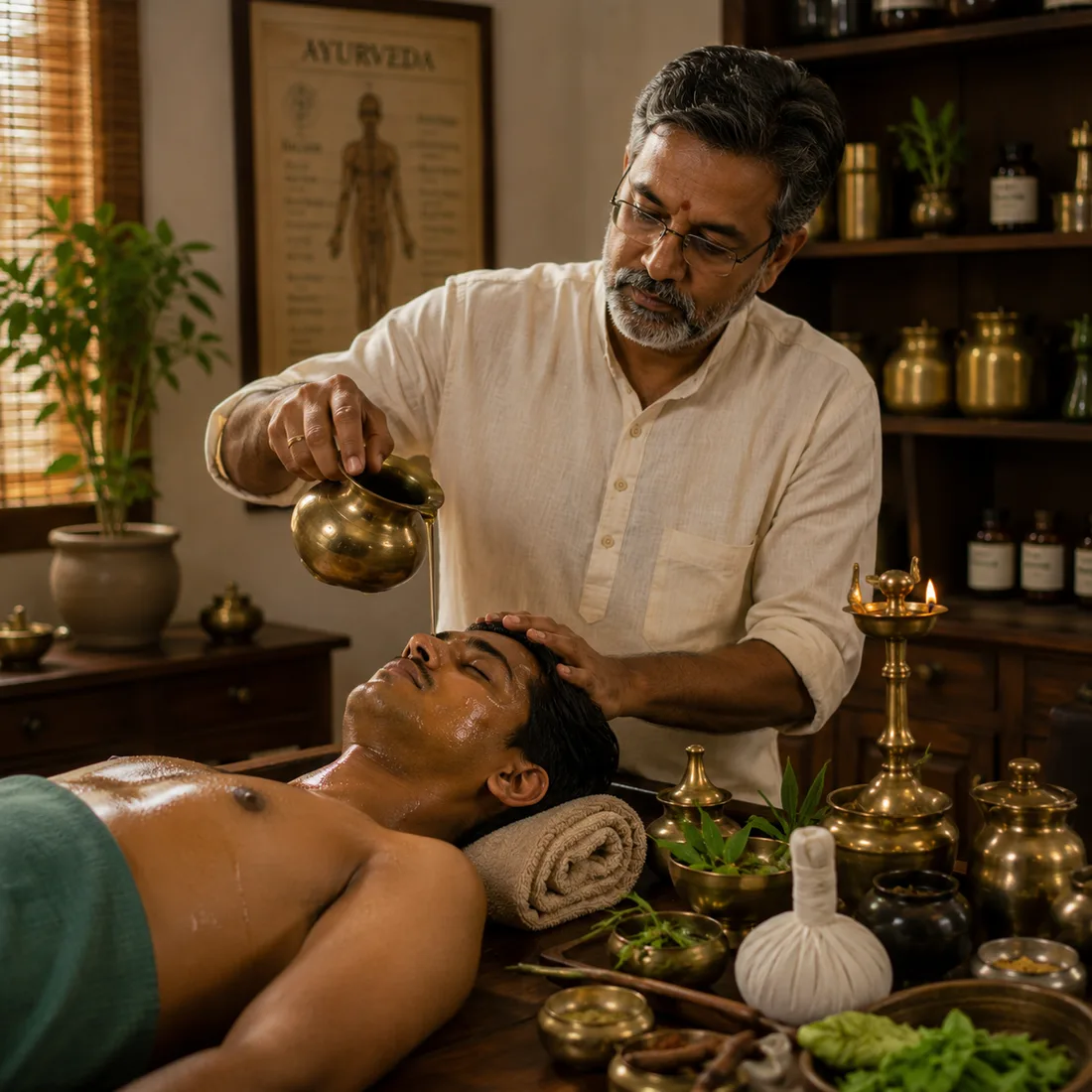 An Ayurvedic doctor performing Shirodhara, a classical Panchakarma therapy