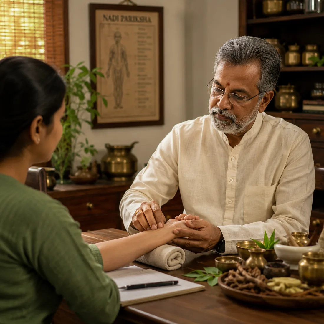 An Ayurvedic doctor performing Shirodhara, a classical Panchakarma therapy